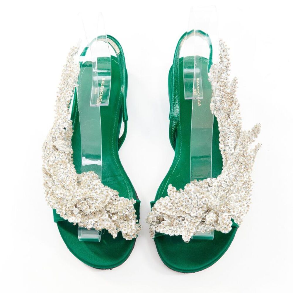 Balenciaga 2017 Tess Green Satin Sequin Flat Sandals
